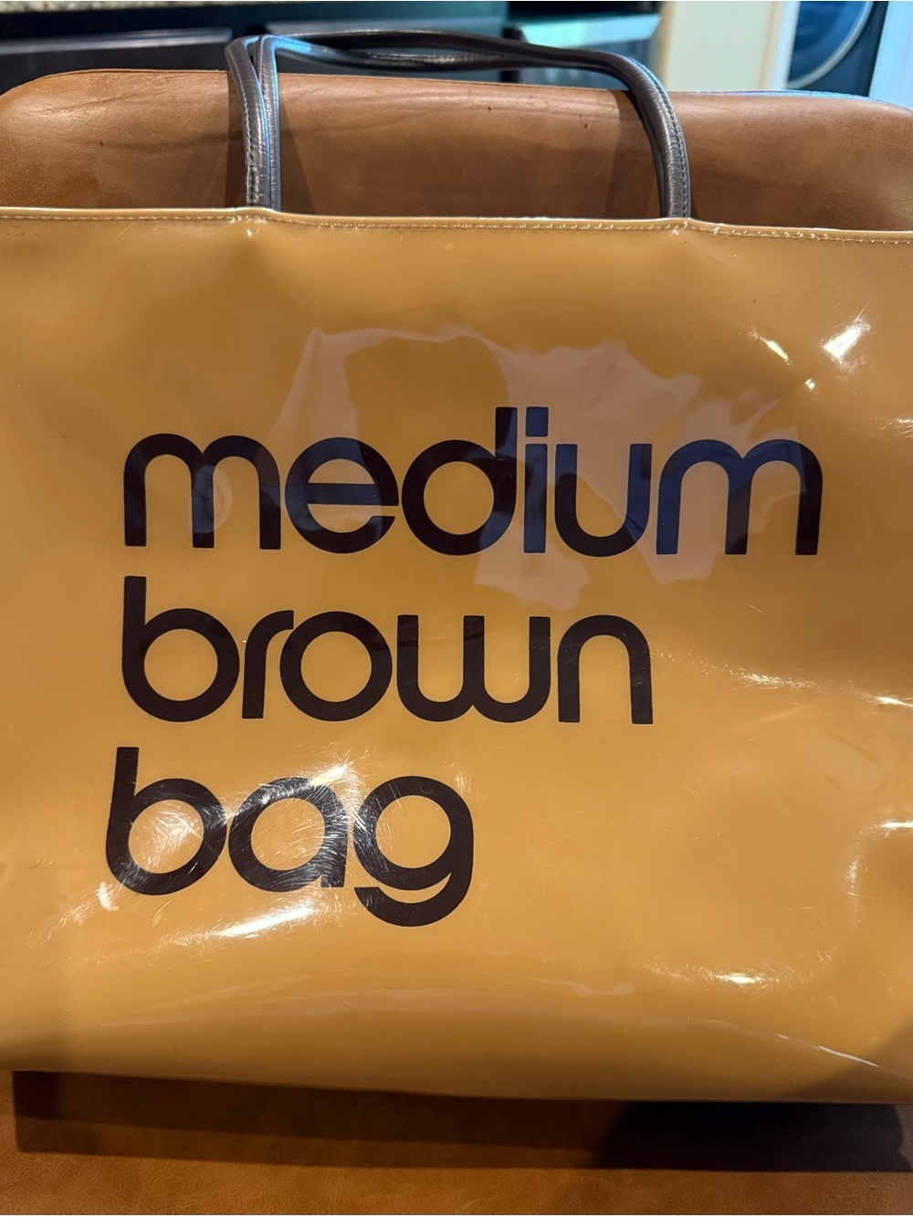 Bloomingdales Medium Brown Bag Tan Glossy Vinyl Tote Zip Shoulder Bag